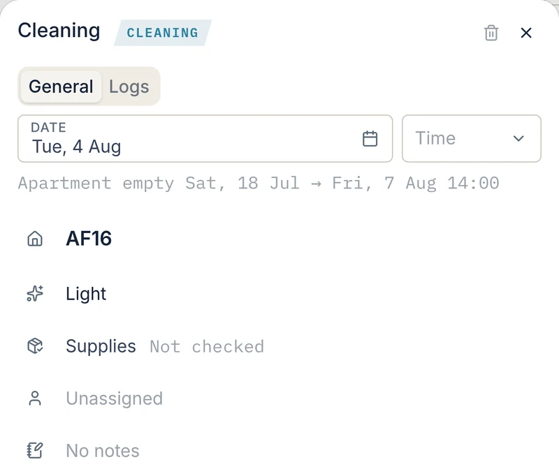 A cleaning record in Quarters: Tuesday 4 August, apartment AF16, a light clean, supplies not checked, currently unassigned, with the dates the apartment is empty shown above it.