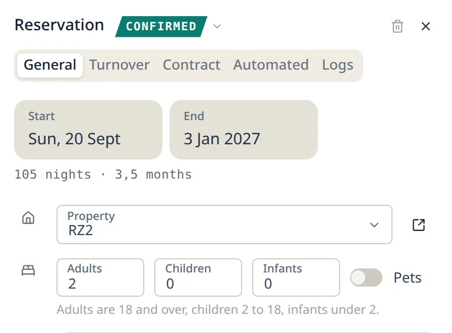 A confirmed reservation for RZ2, from 20 September to 3 January: 105 nights, three and a half months.