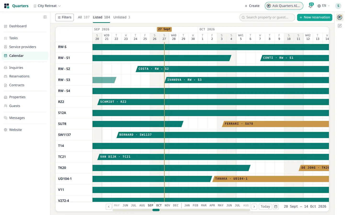 The calendar: one row per apartment across a four-week window, where nearly every bar runs off both edges. Each tenancy is named by its guest where it starts, three waiting on a signed contract show in brass, and a line marks today.