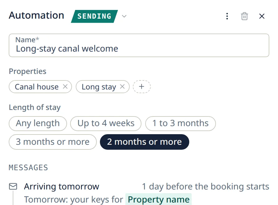 One automation open: a welcome for canal-house stays of two months or more, starting with a message the day before arrival.